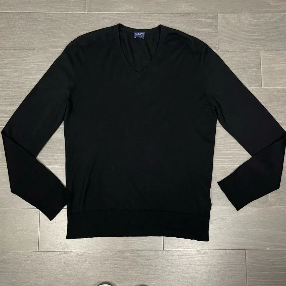 KENZO Homme Men’s Black Lightweight Silk Cashmere Blend V-Neck Basic Sweater L